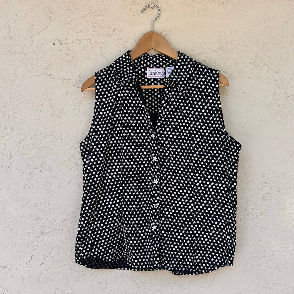 Vintage TanTrums Navy Blue Star Print Sleeveless Button Front Blouse PXL